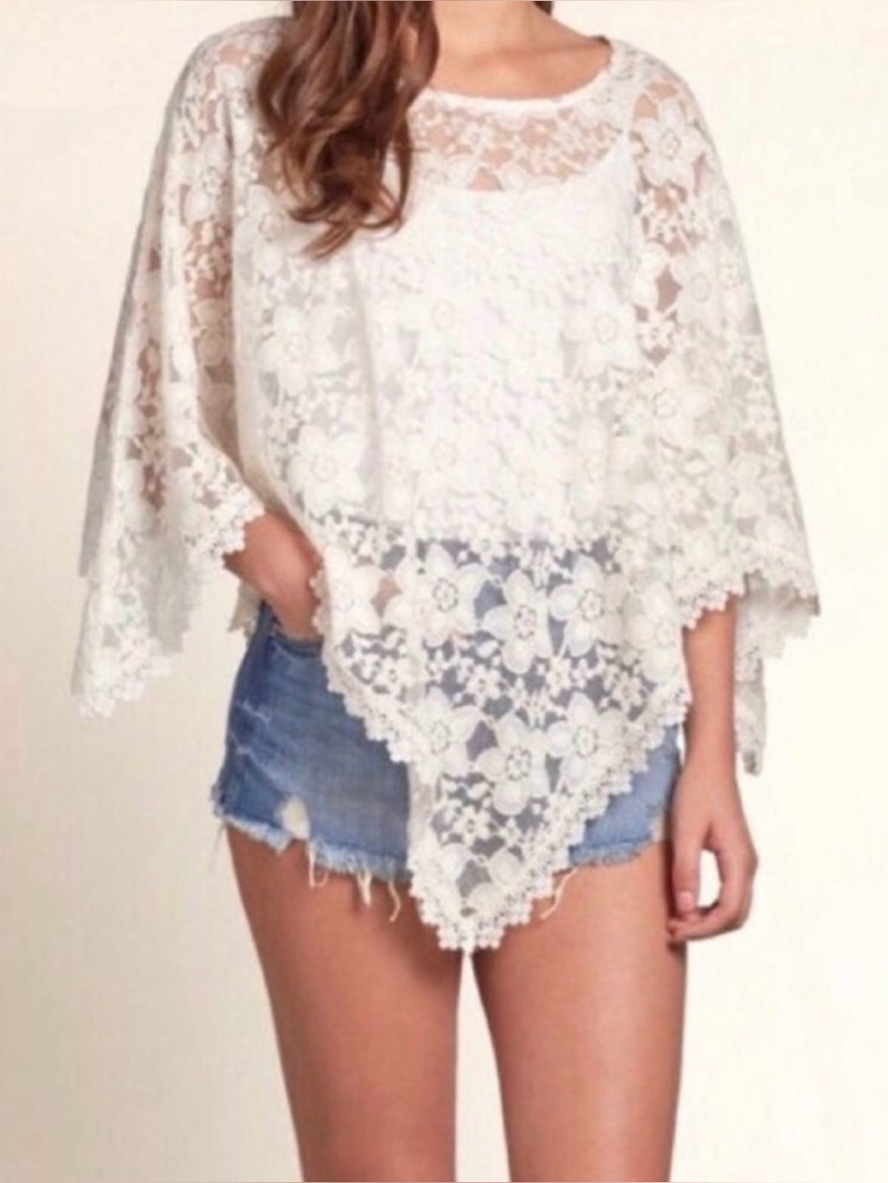 Hollister Cream Ivory Floral Lace Sheer Handkerchief Hem Top One Size Boho Fairy